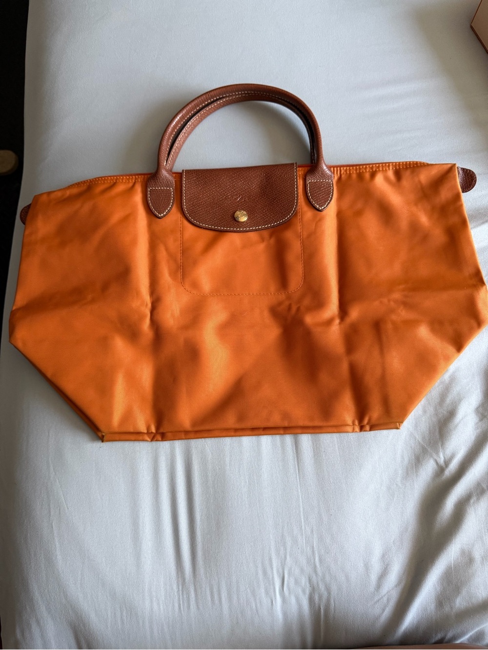 Longchamp Orange Nylon Pouch with Brown Leather Trim